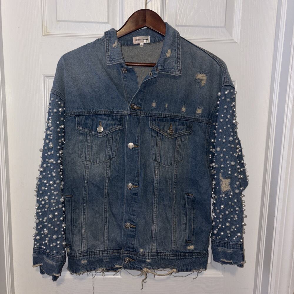 Sunset & Spring Women’s Large Denim Jean Jacket Distressed Pearls Embellishment